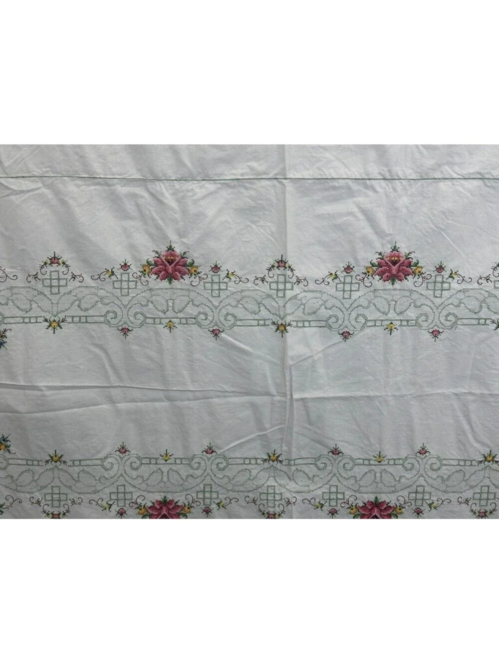 Vintage Geometric Floral Embroidery Cross Stitch Flowers Tablecloth Topper 63x96